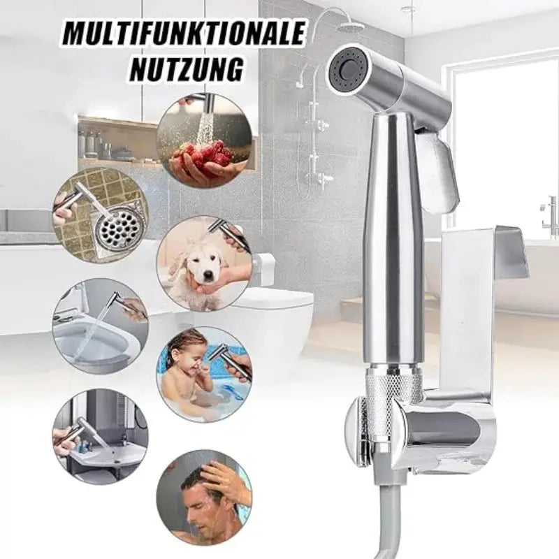 Simples Market handheld bidet sprayer kit in stainless steel with 3-way valve and wall mount for personal hygiene and pet bathing