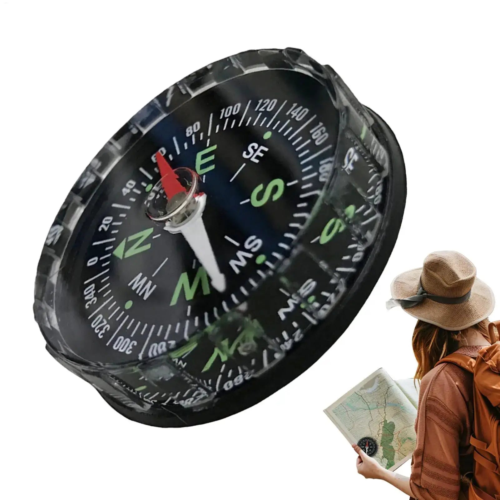 Simples Market waterproof hiking compass with sighting navigation, black case with green directional marks