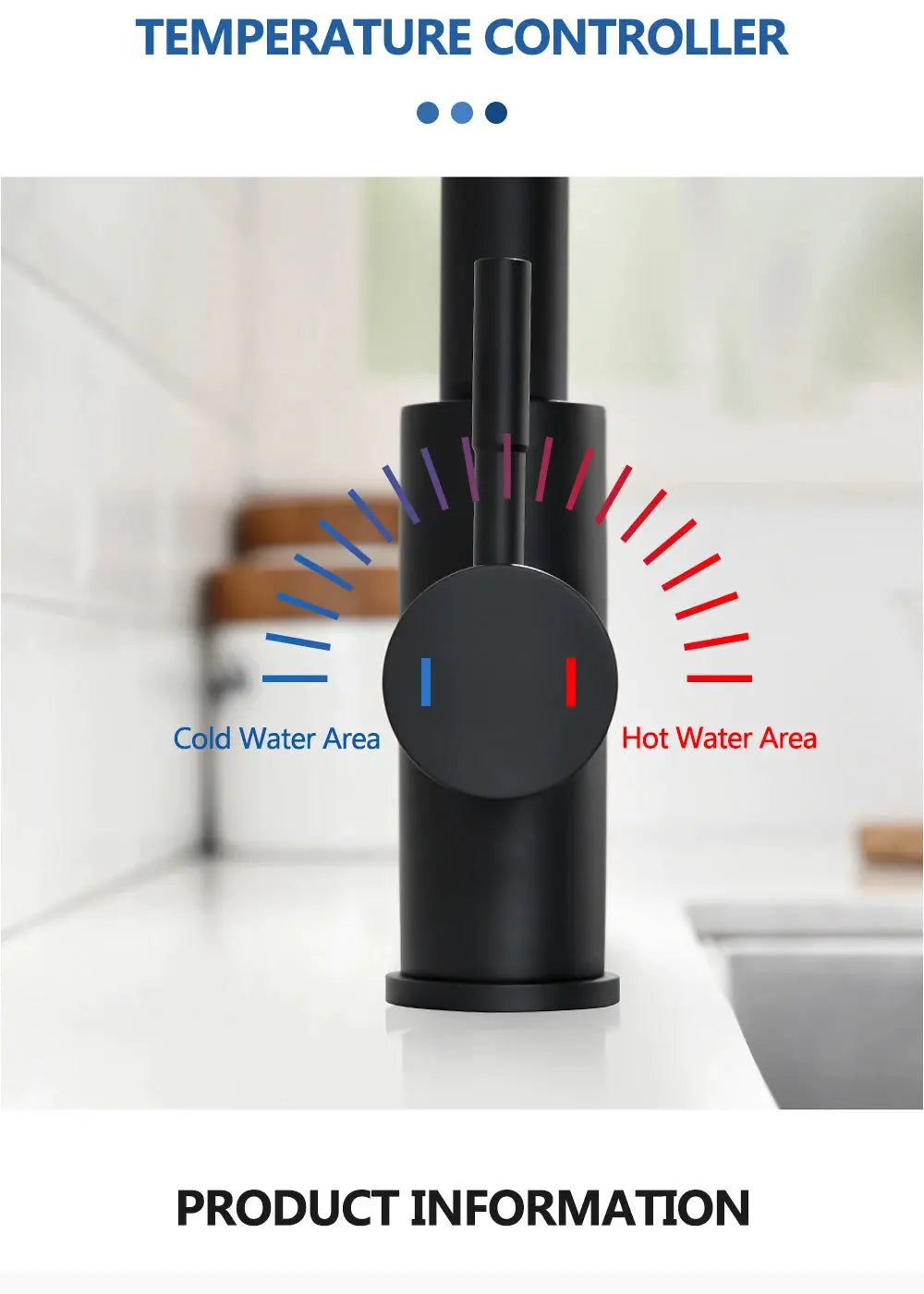 Kitchen faucet Simples Market black pull-out sprayer with temperature control dial.