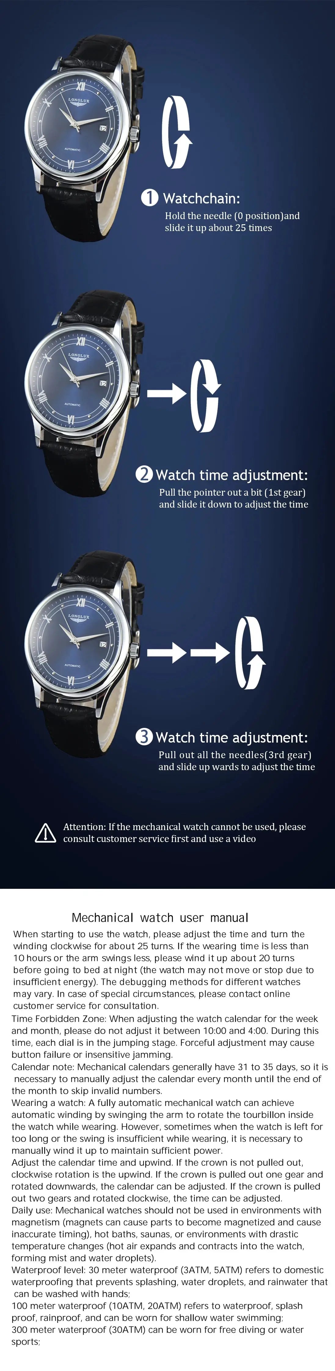 LONGLUX men's automatic wristwatch with blue dial, black leather strap and stainless steel case