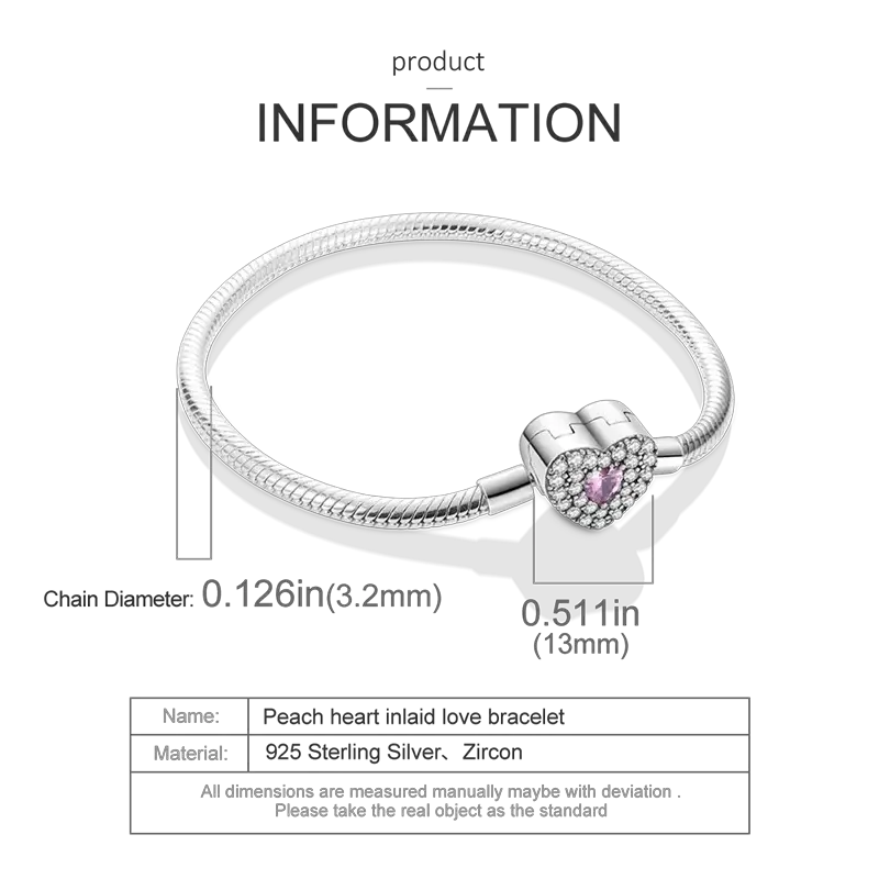 S925 Silver Plated Peach Heart Zircon Bracelet For Women Fit DIY Charms Beads Birthday Jewelry