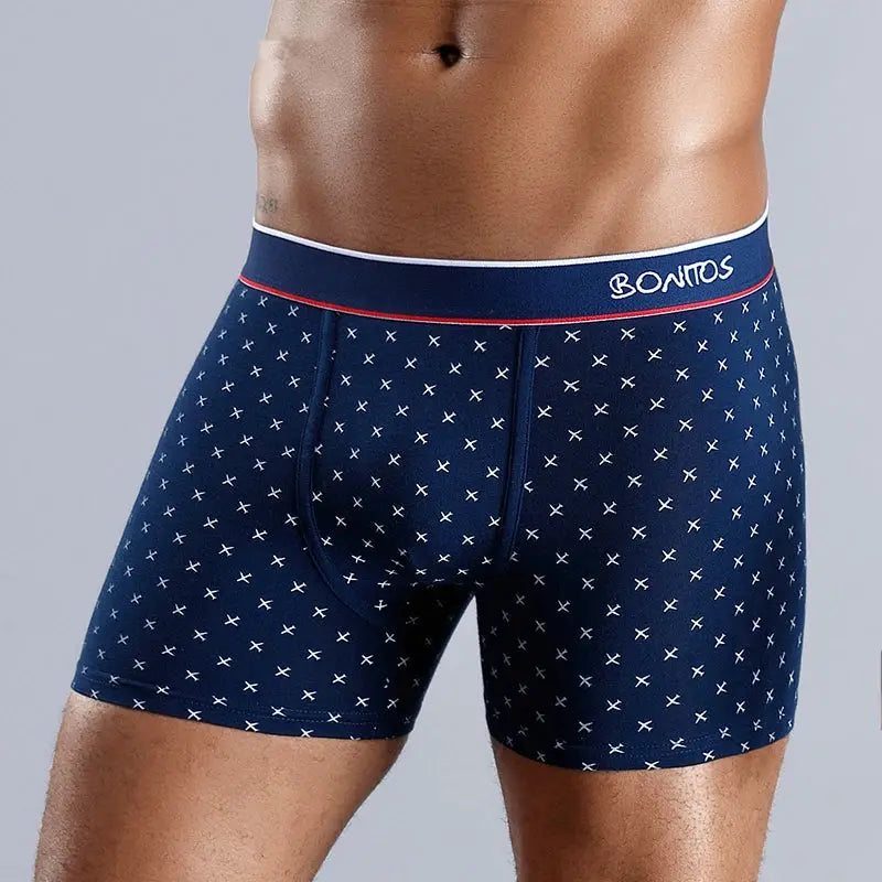 Men's navy cotton boxer shorts with white cross print and Bonitos waistband.