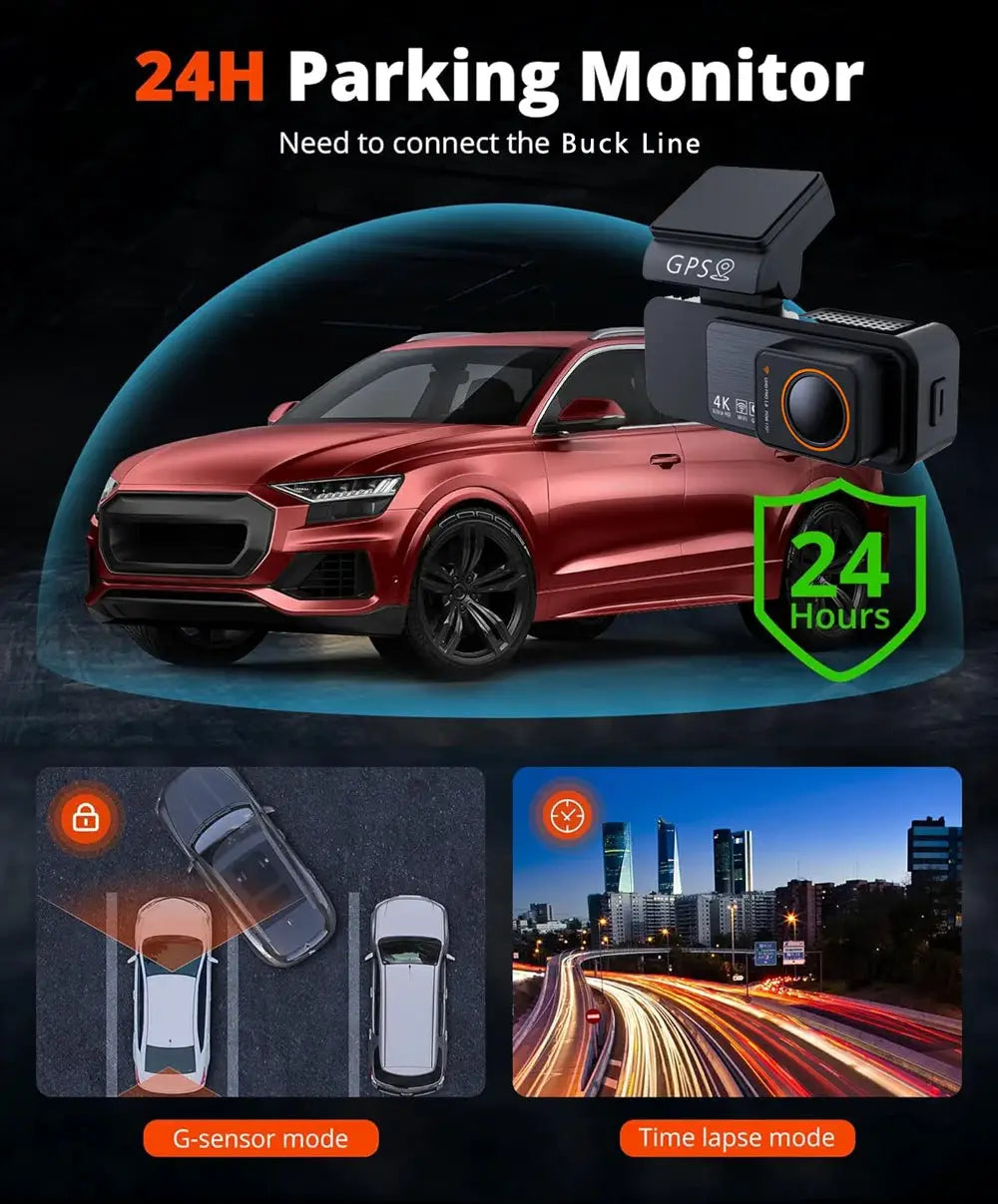 Dash Cam Dual Lens 4K UHD car camera with GPS, night vision and Wi-Fi (black)