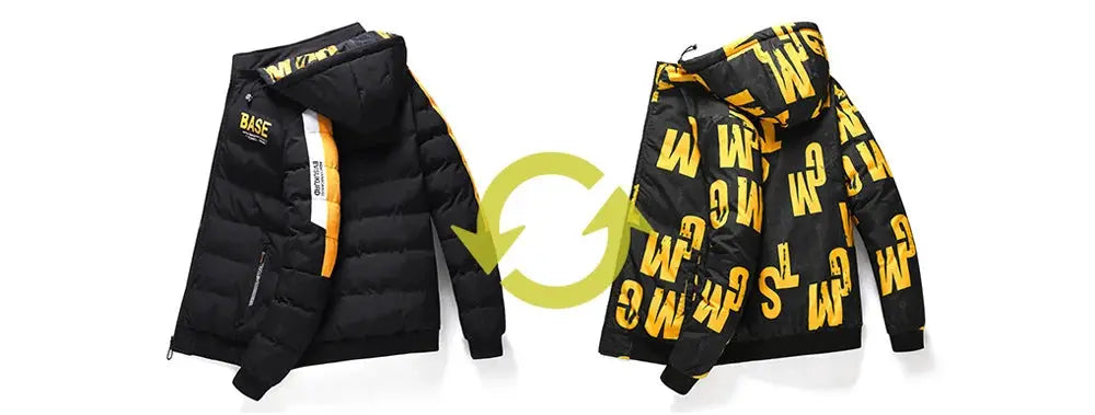 DIMUSI winter men's padded jackets; black reversible windbreaker with orange lining and yellow graphics, hooded.