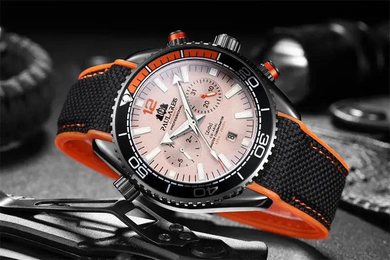 PAULAREIS P luxury men's automatic watch with pink dial and orange-trim rubber strap