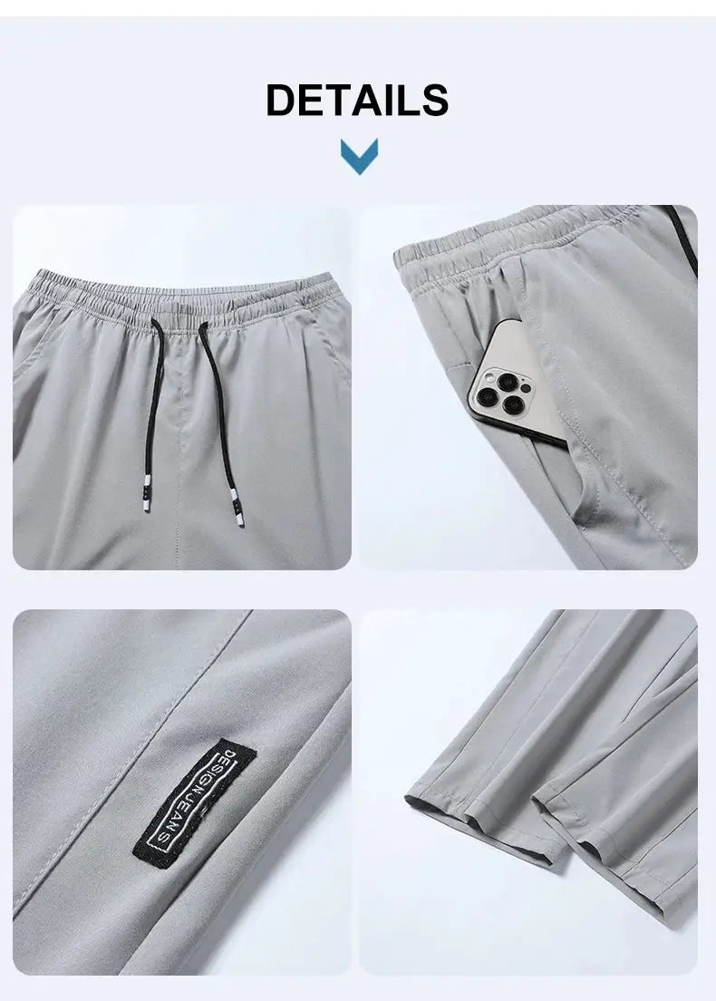Running pants Simples Market grey ice-silk, quick-dry, loose casual fit with drawstring waist and phone pocket.