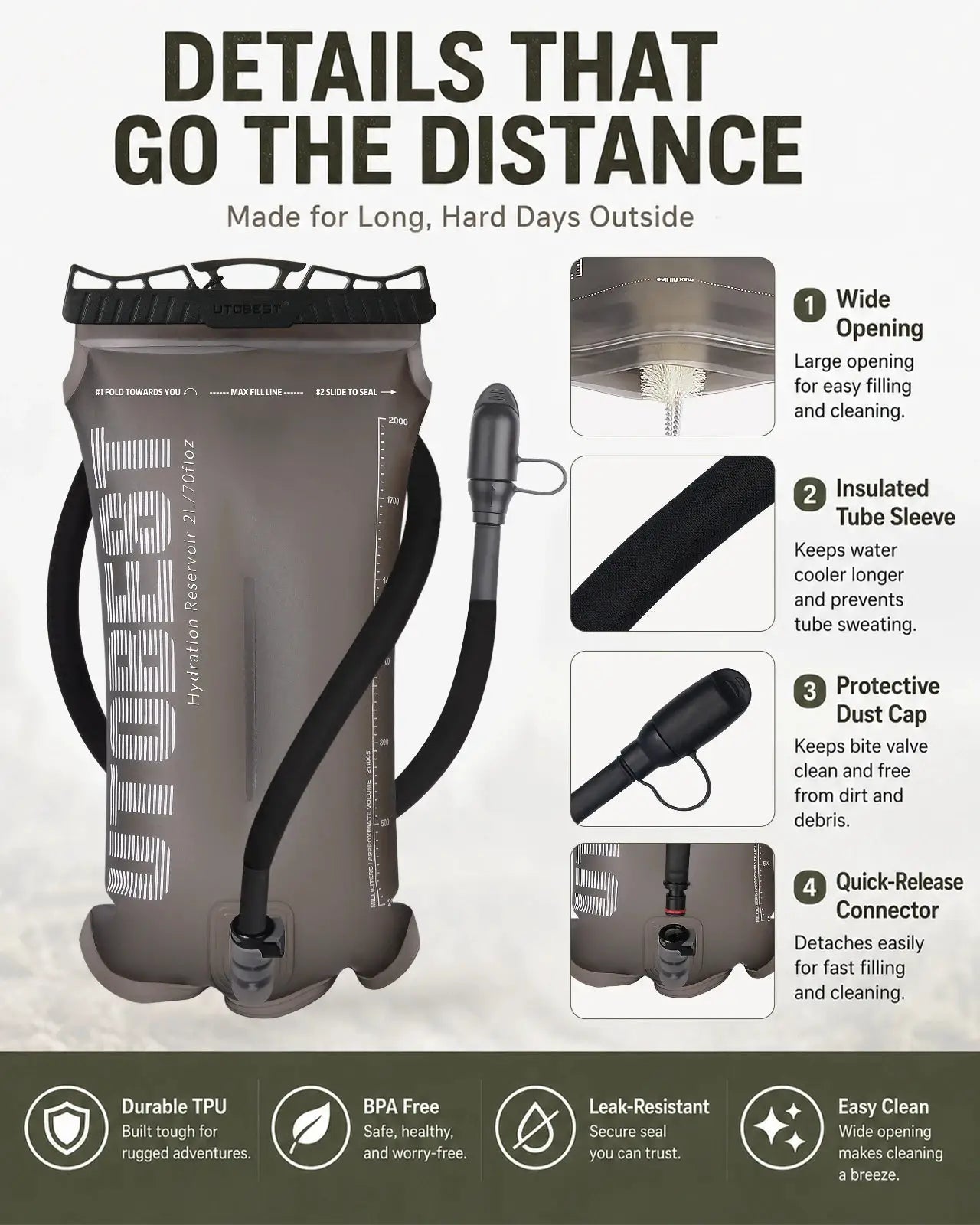 UTOBEST hydration bladder 1.5L/2L/3L TPU reservoir for camping, gray bag with black mouth and tube