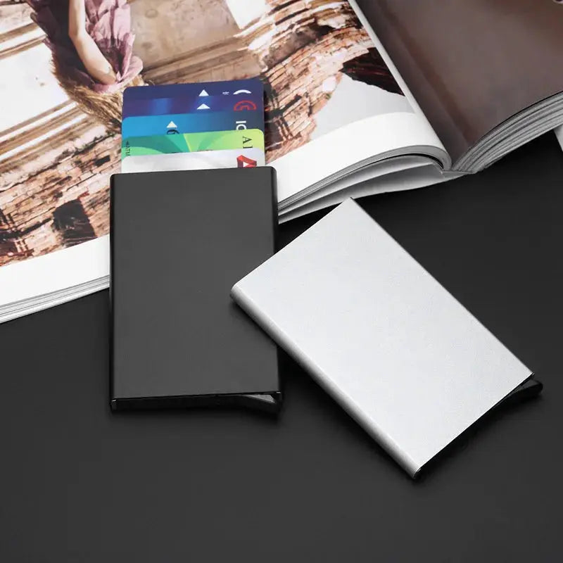 RFID metal card holder wallets, pair by Simples Market, slim black and silver minimalist design with visible cards