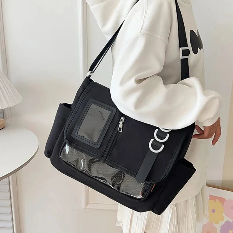Black Y2K Harajuku ita bag crossbody with transparent front panel and metal rings