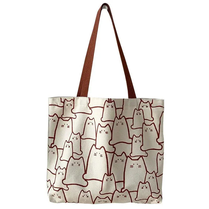 Kawaii Cat Cartoon Canvas Tote Bag For Women With Durable Zipper And Japanese Style Cat Pattern