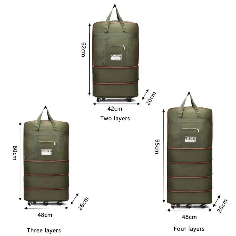 Simples Market folding travel bag olive-green with wheels; expandable luggage with three to four layers.