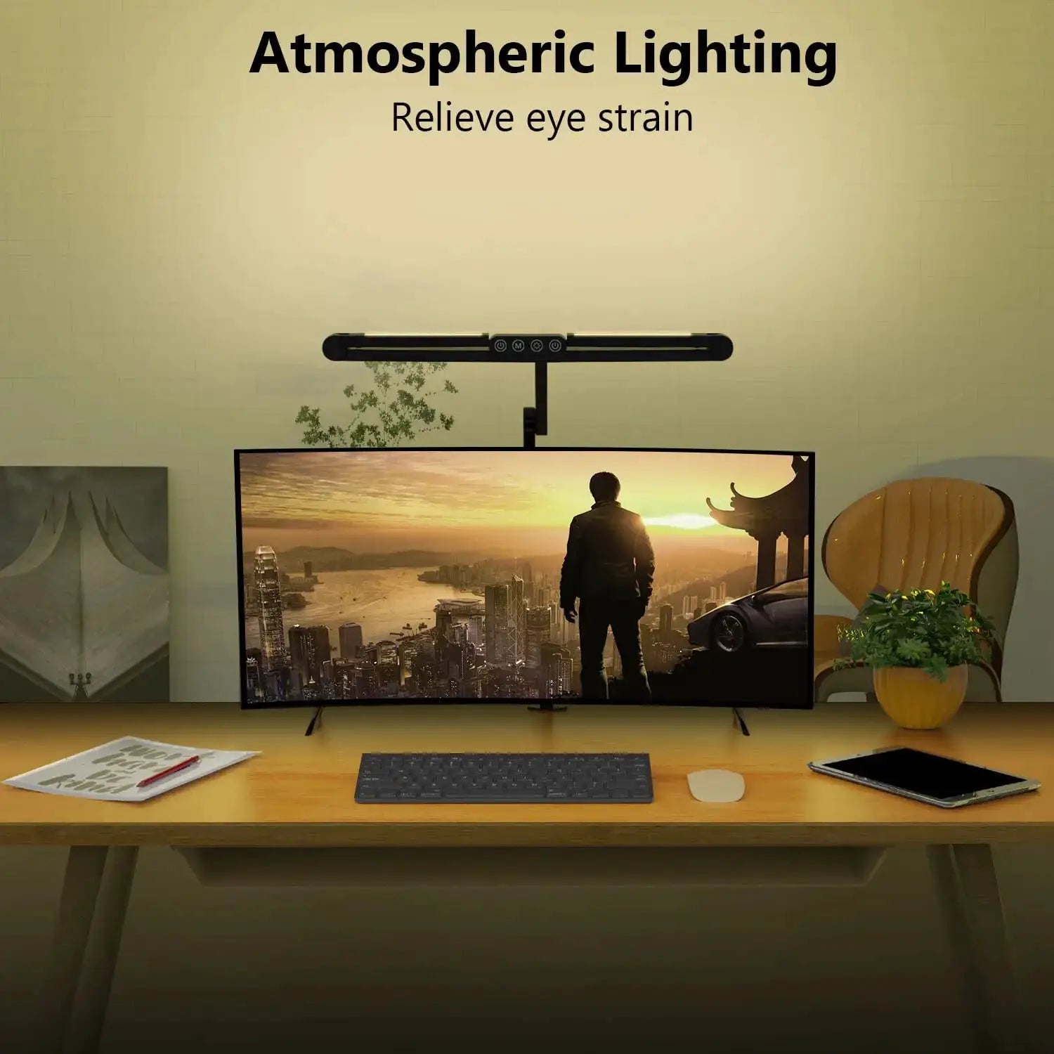 LED desk lamp with clamp, black horizontal bar with central control panel over a monitor in a home office.