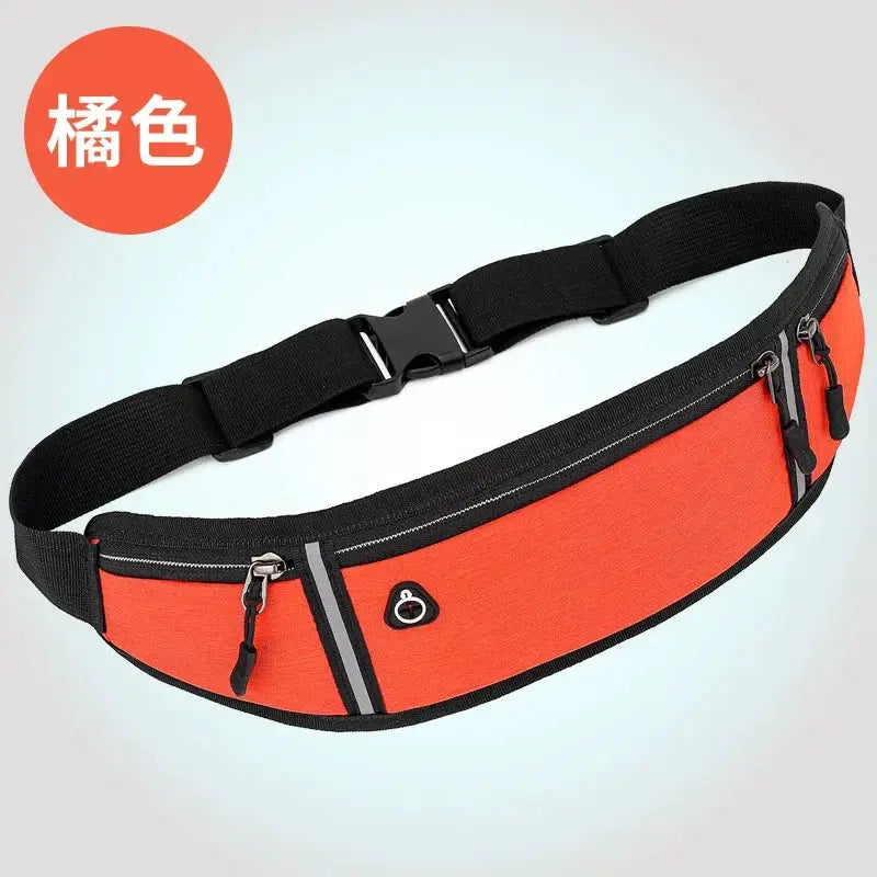 Waist pack orange waterproof with black trim, multiple zip pockets and adjustable strap