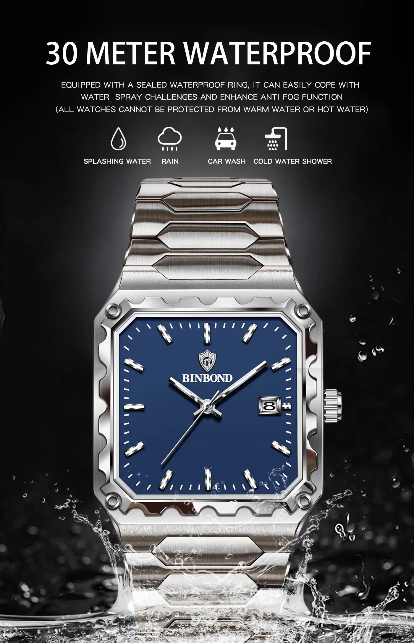 BINBOND men's luxury quartz watch with blue dial and stainless steel bracelet