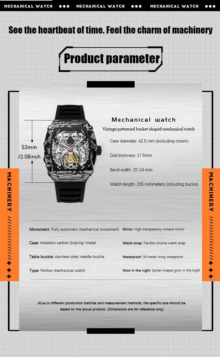 MUSANFIGO Automatic hollow mechanical watch, barrel-shaped, black strap, skeleton dial, luminous, waterproof