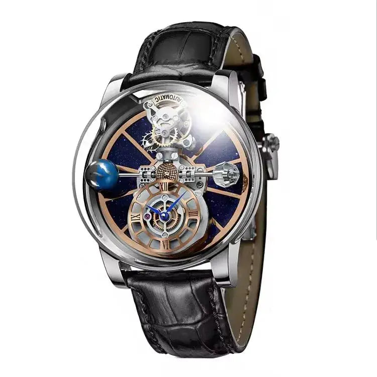 PINDU design men's transparent skeleton watch with blue hands, planetary motif, silver case, black leather strap