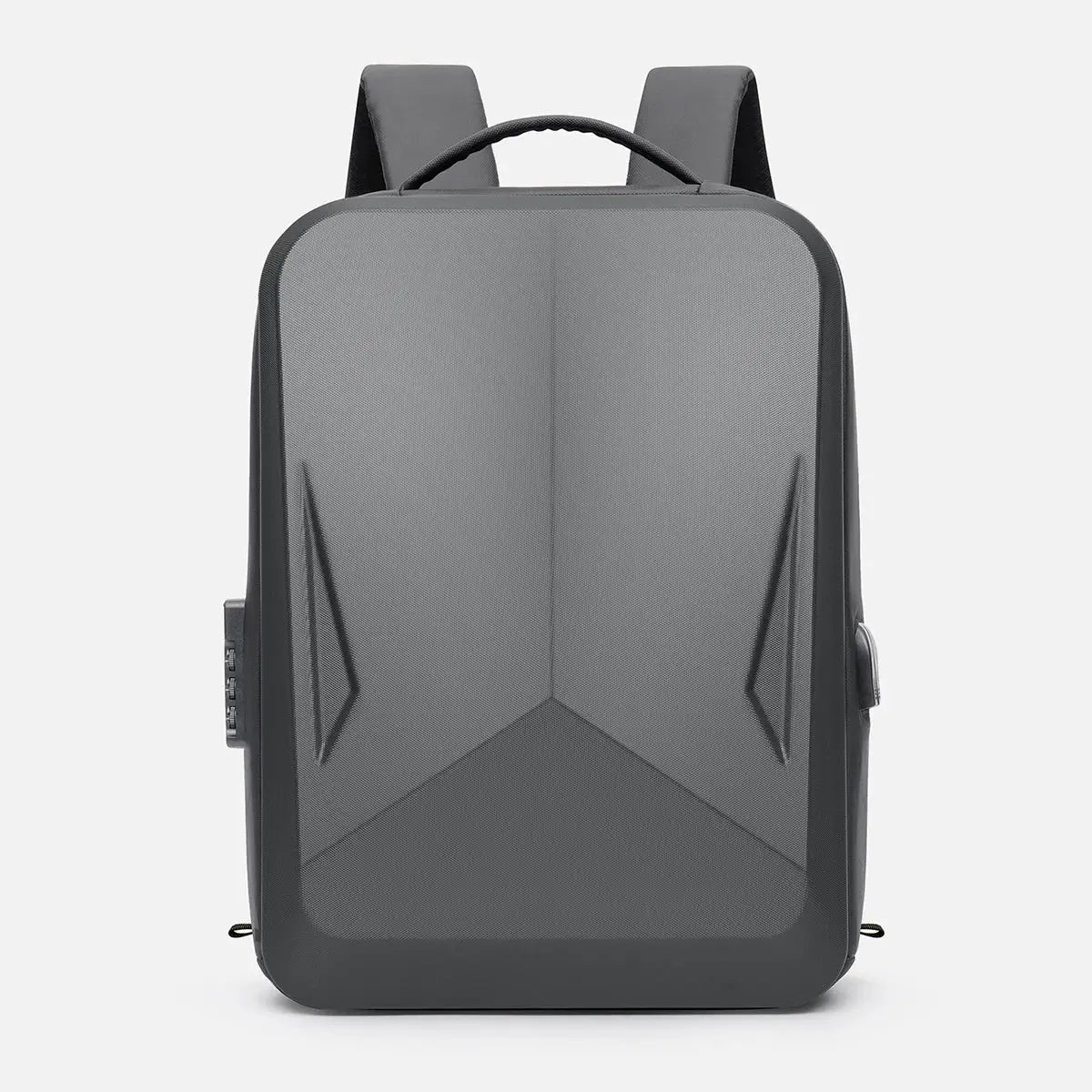 Dark gray hard-shell backpack for travel with top handle and padded shoulder straps