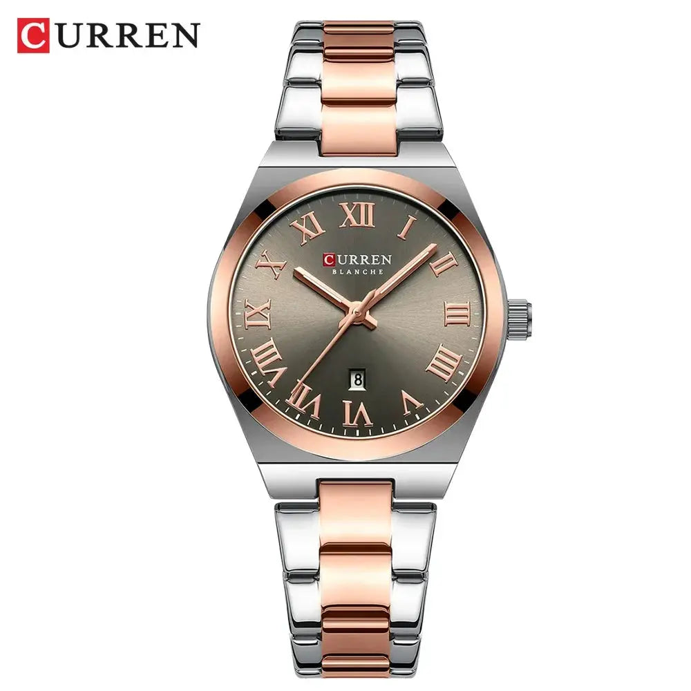 CURREN women's two-tone stainless steel watch with rose-gold bezel, Roman numerals, date window
