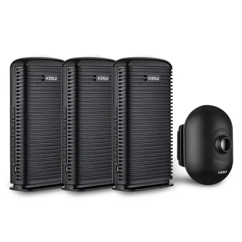 KERUI DW9 driveway alarm kit with three black outdoor sensors and a wireless PIR motion detector