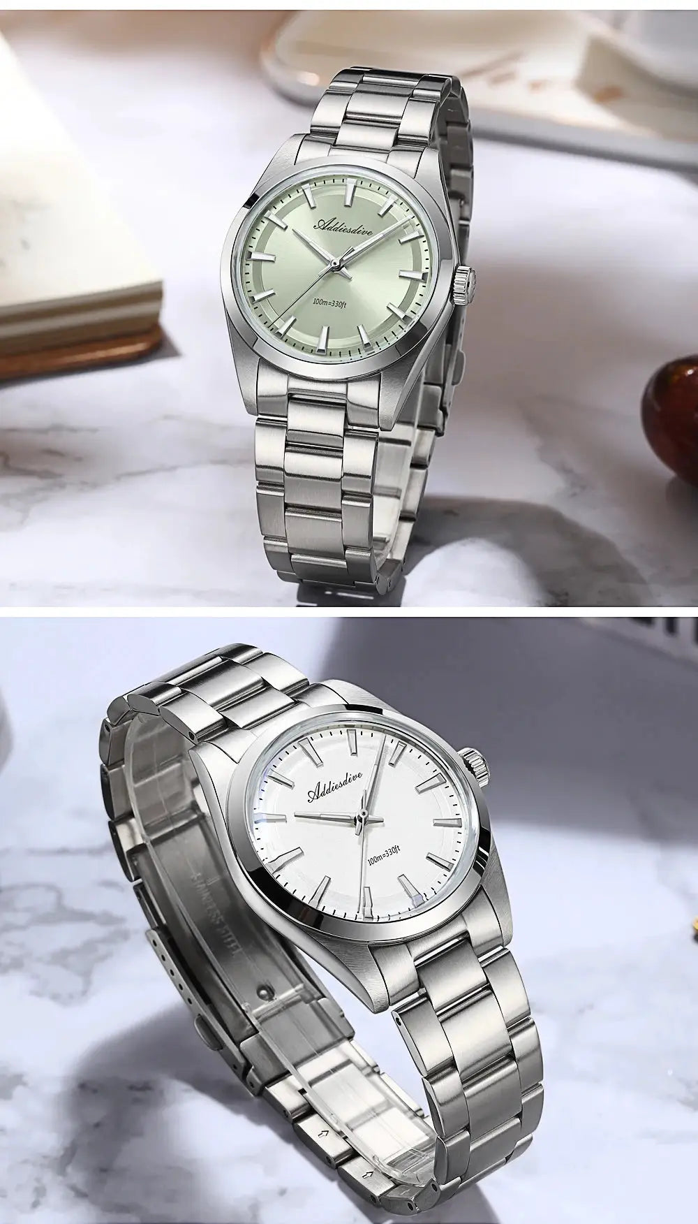 Addiesdive AD2066 men's watch, stainless steel bracelet, green and white dials, 100m water resistant, 2 watches