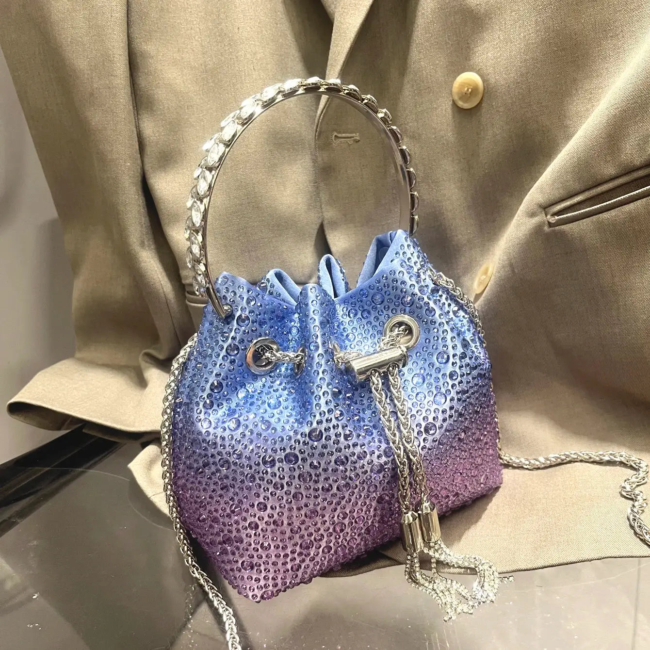 Rhinestone handle evening clutch bag with crystal embellishments, gradient blue to purple, silver chain