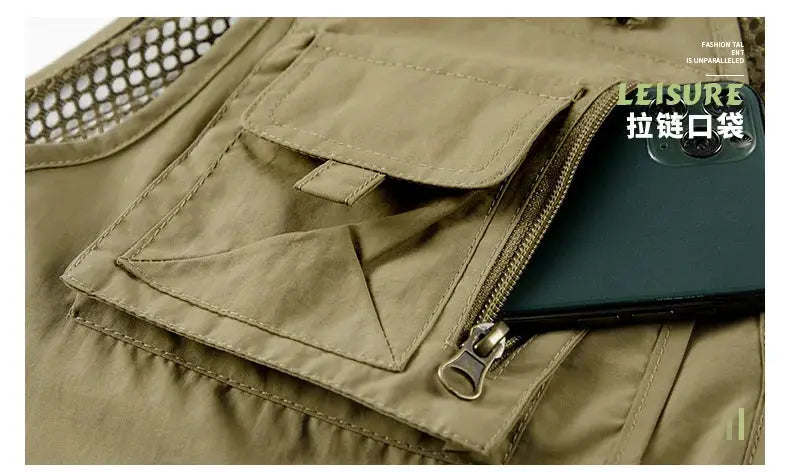 Men's outdoor mesh vest in khaki, breathable with multiple pockets and zipper.