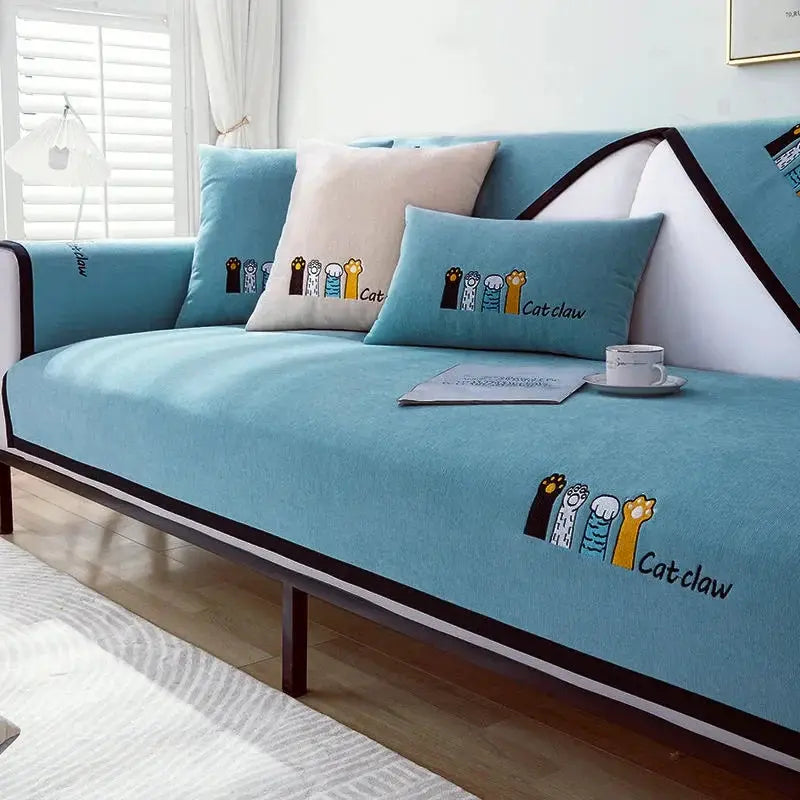 Chenille sofa cushion cover set in blue with catclaw embroidery, Simples Market four-season universal non-slip design