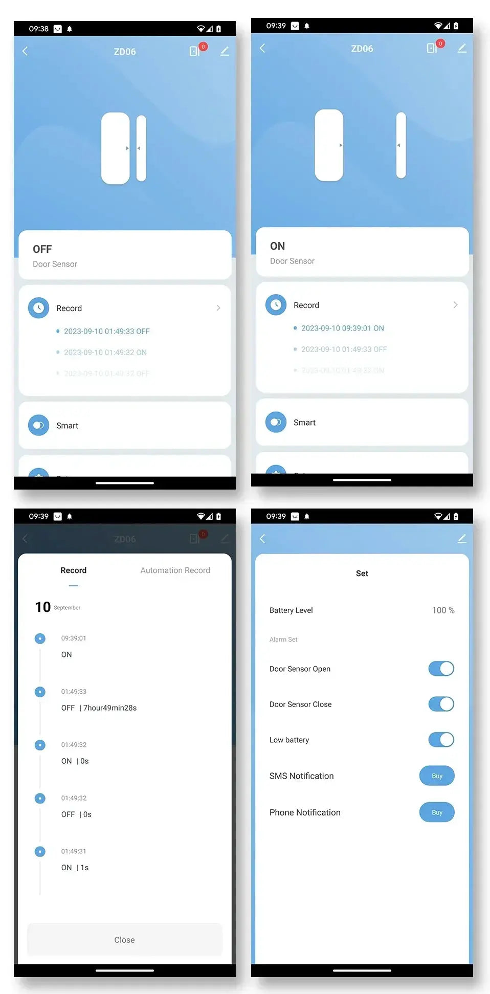Door sensor app UI by Simples Market for Tuya Zigbee; blue screens show Open/Off status and records (4 screenshots).