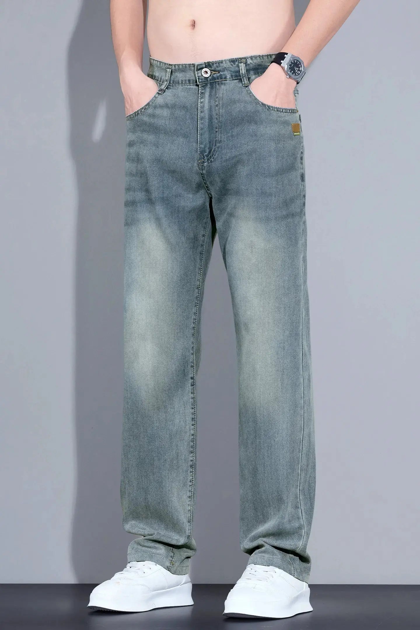 Lyocell Ice Silk Jeans by Simples Market, light-washed denim, men's straight casual trousers