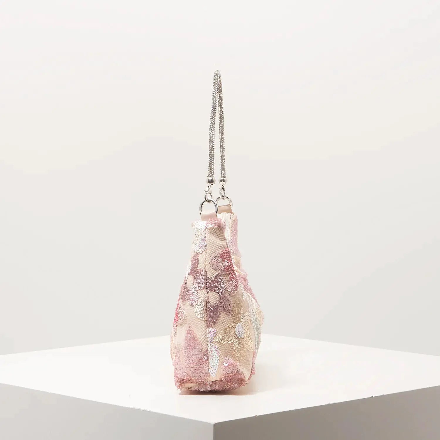 Shoulder bag with pink floral embroidery and sequin detail, silver chain strap, by Simples Market