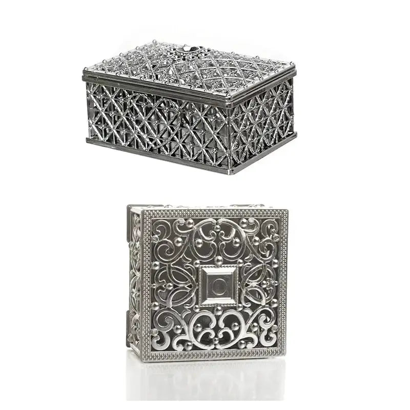 2 Pcs Mini Treasure Storage Jewelry Boxes Silver Color Hollow Flower Pattern Case For Necklace Earrings Ring