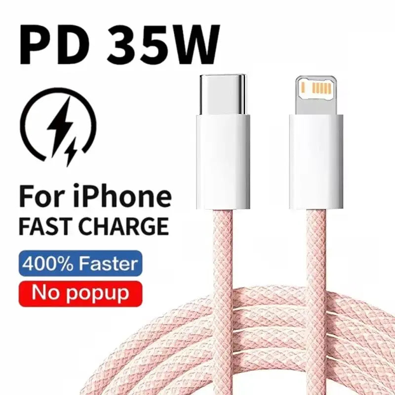 Braided USB C to Lightning Cable 35W PD Fast Charging for iPhone 7 to 14 Pro Max 1m 2m