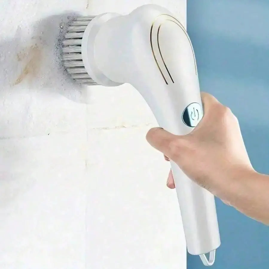 Electric scrubbing brush by Simples Market, white handheld cleaning tool with round bristle brush head for bathroom grime