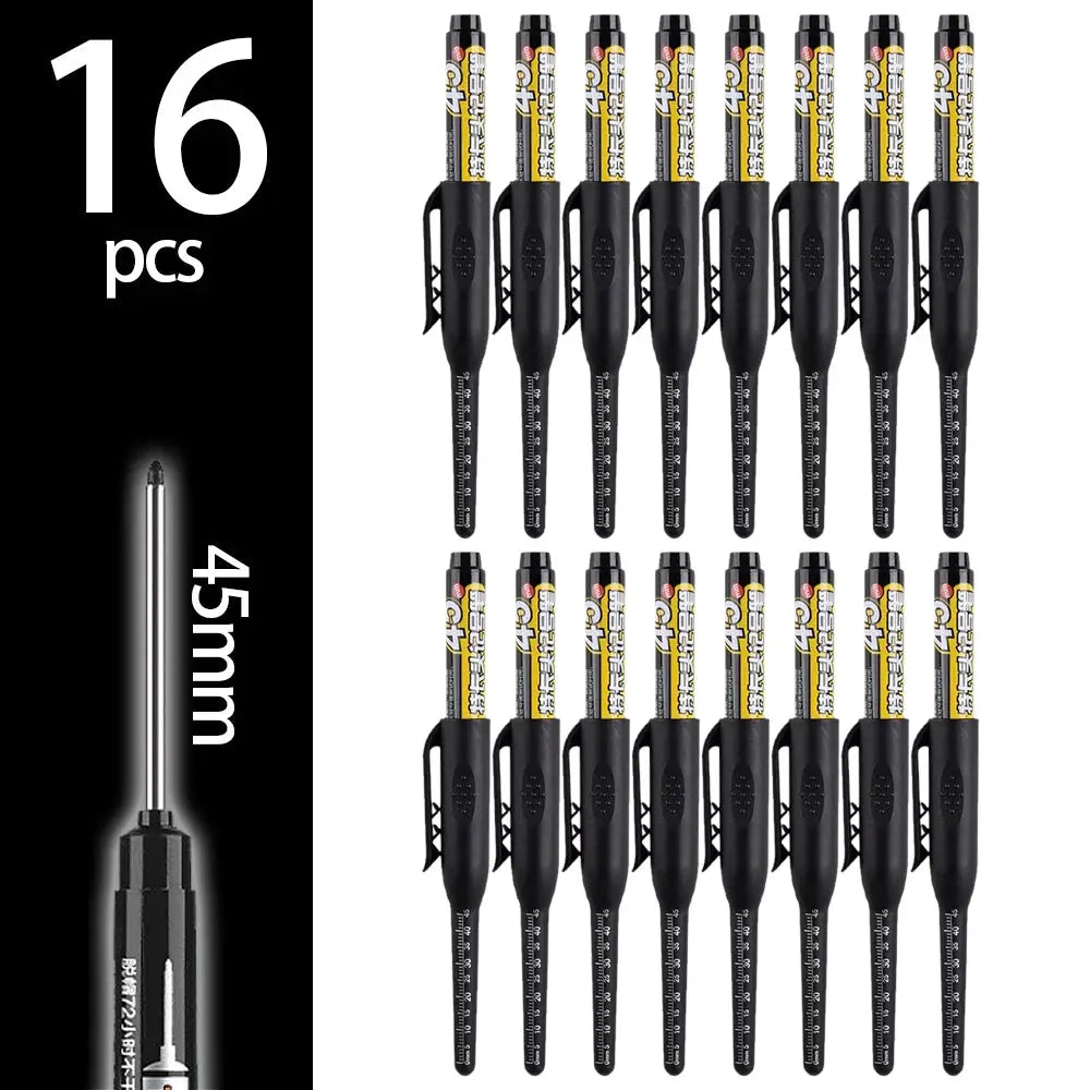 Simples Market 16-pack deep-hole carpenter marker pens, 45mm nib, black bodies for woodworking.