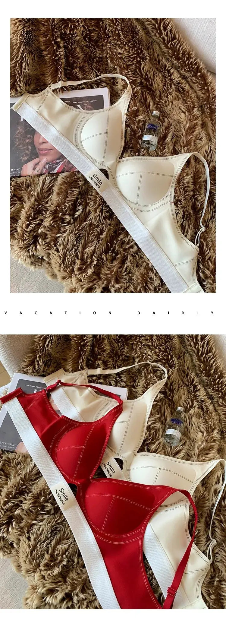 SP&CITY seamless women's bras in cream and red; three bras shown on plush fur backdrop