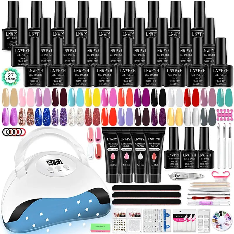 Nail gel polish kit with LED lamp; 27-color gel polishes with base and top coats plus manicure tools