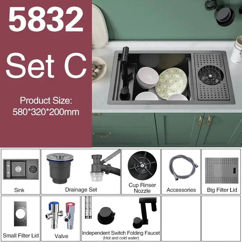 ASRAS Nano black kitchen sink set by Simples Market with cup washer and lifting faucet, concealed single-bowl