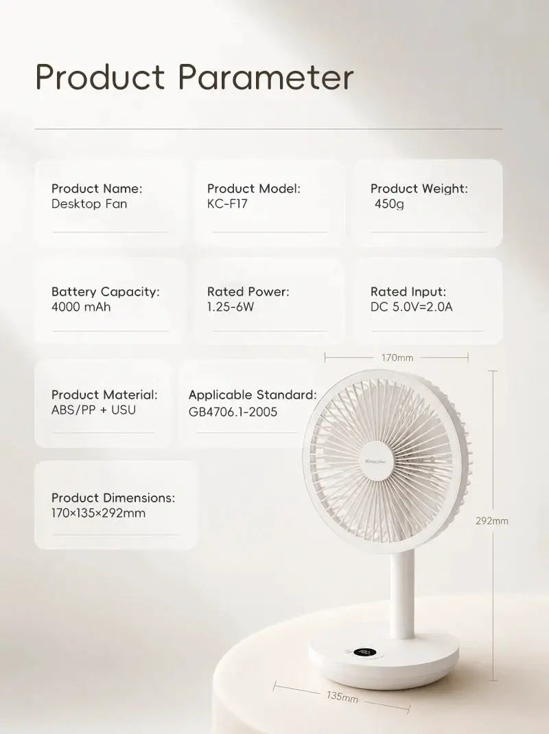 KINSCOTER oscillating desk fan by Simples Market, white rechargeable USB fan with 4000mAh and 5 speeds