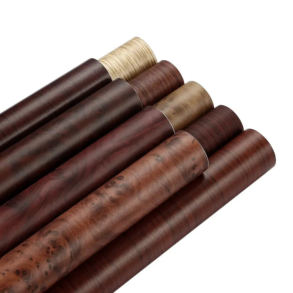 Wood grain vinyl wrap rolls set of 6 in brown tones, PVC self-adhesive for cars and furniture