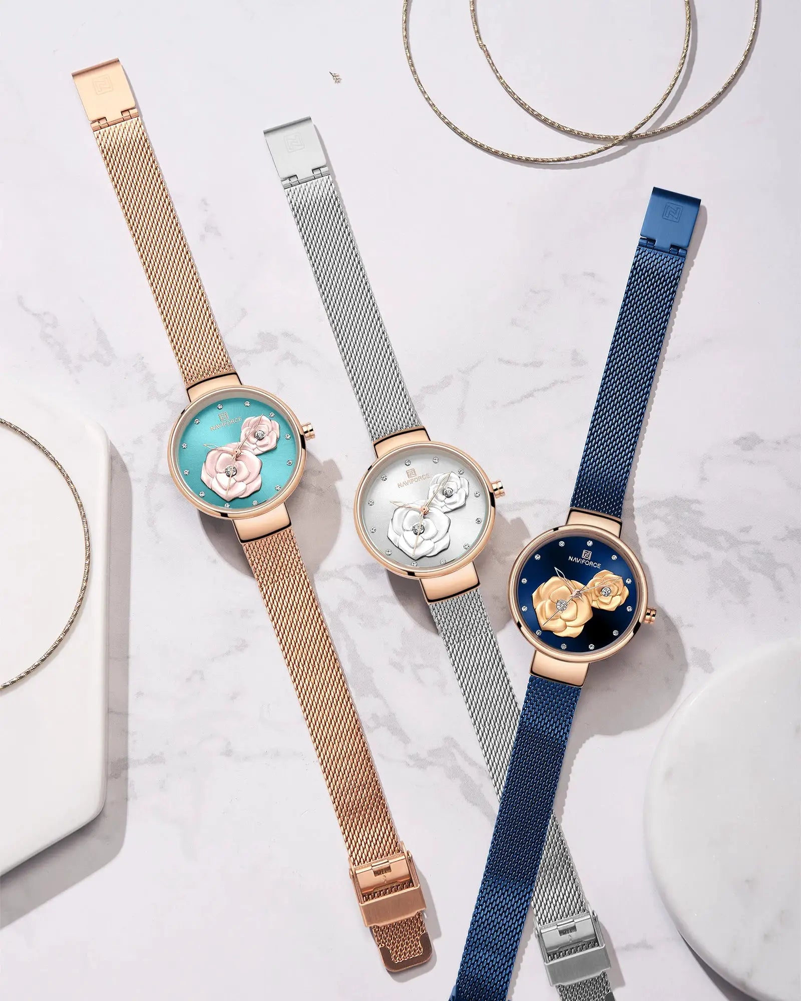 Naviforce women's watch with steel mesh bands in rose gold, silver and blue; floral dial