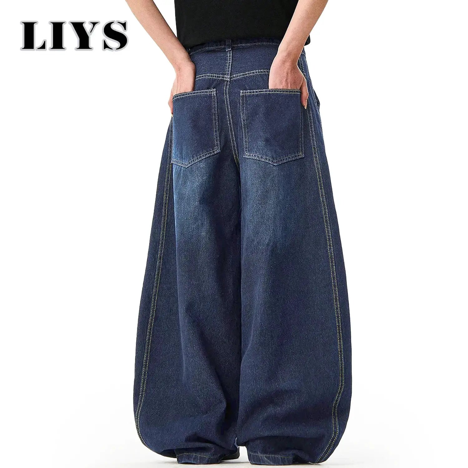 Men's blue denim wide-leg baggy balloon jeans with large back pockets