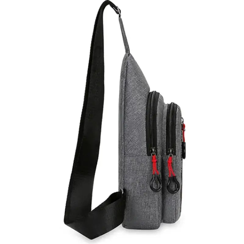 Simples Market gray men's chest bag with twin zip pockets and black crossbody strap