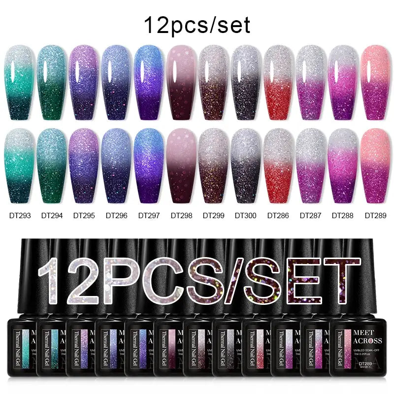 MEET ACROSS 12pcs gel nail polish set by Simples Market in gradient glitter shades