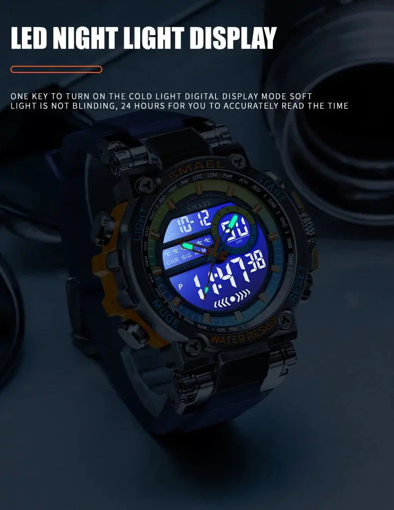 SMAEL 8141 men’s digital sport watch with alloy case and blue LED display, 50m water resistant
