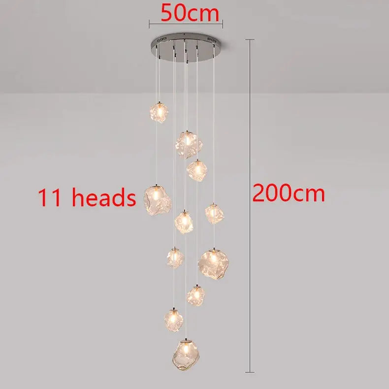 Simples Market crystal pendant LED light with 11 glass orb heads, 50cm canopy, 200cm drop
