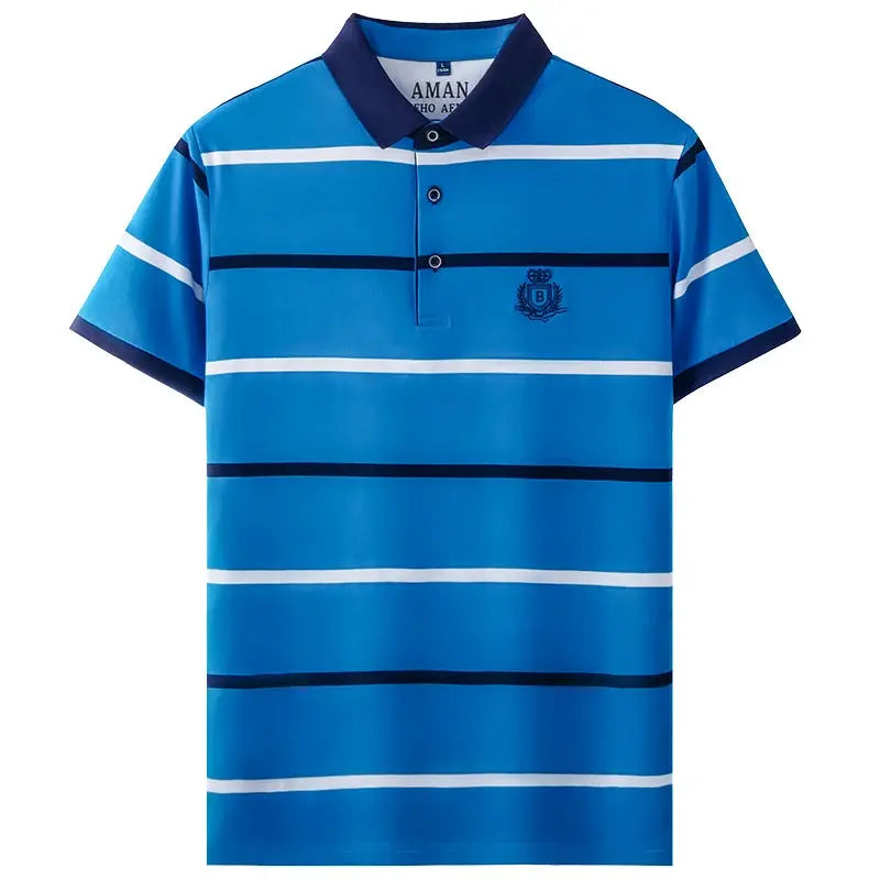 Men's blue striped polo shirt with white and navy stripes, crest embroidery, Simples Market