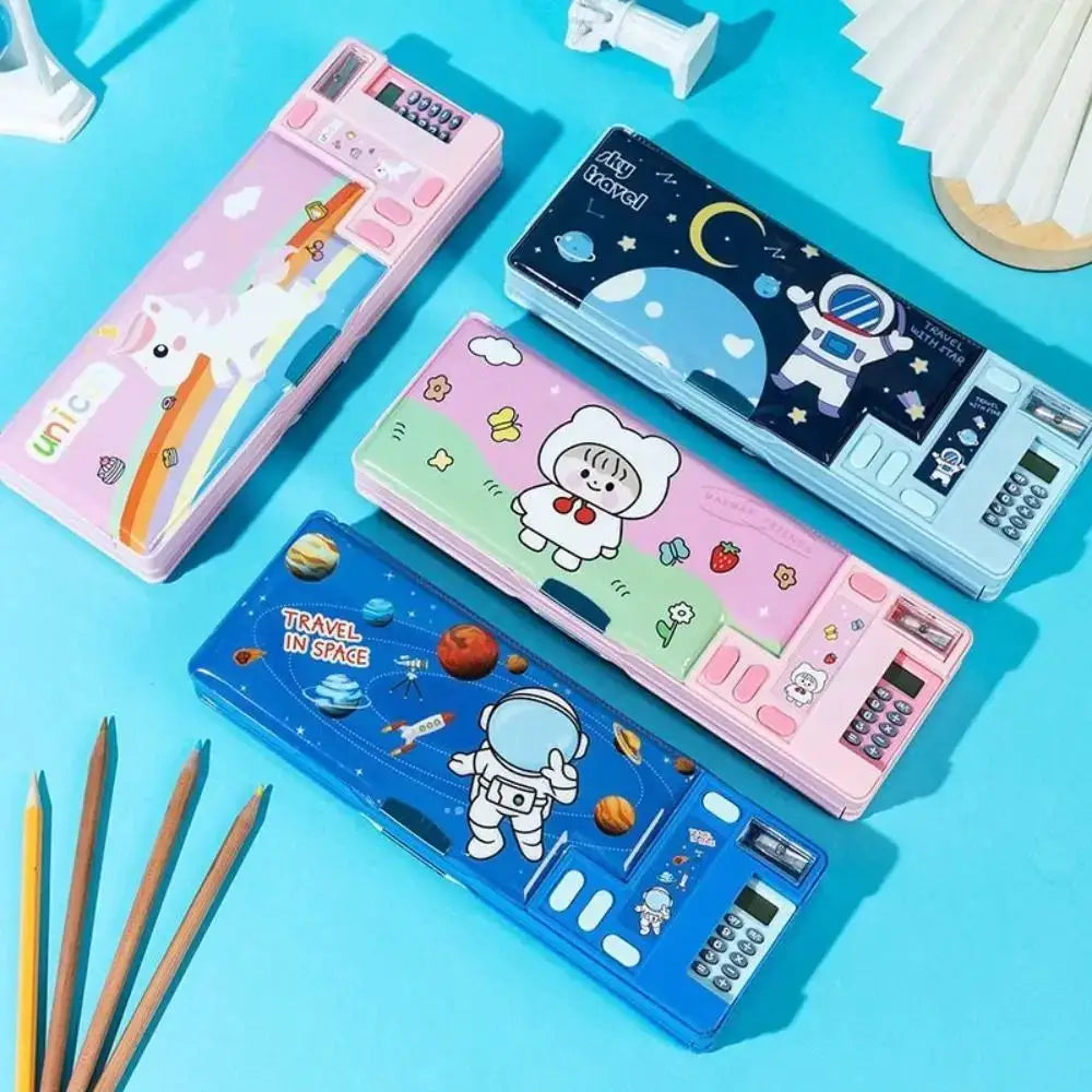 Double-layer pencil cases with calculators; five plastic designs featuring space, astronaut and animal themes