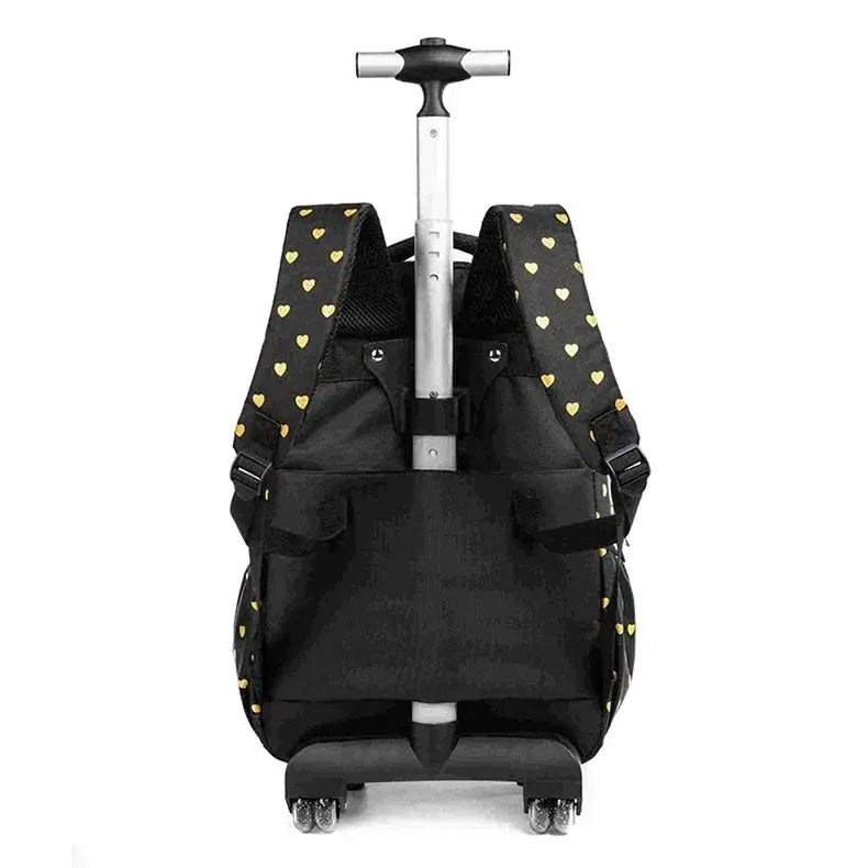 Simples Market children's wheeled backpack with rolling trolley, black with yellow heart-pattern straps
