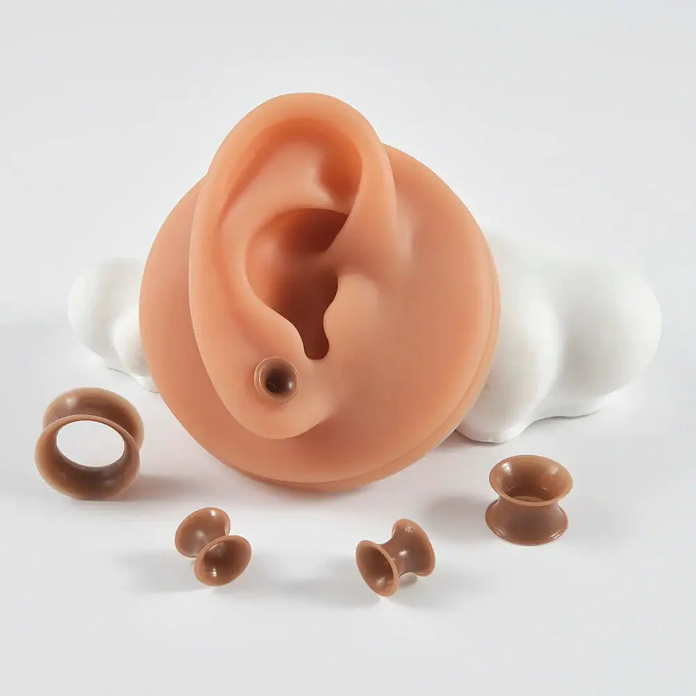 Pair flesh-tone silicone ear tunnels soft flexible double-flare plugs for stretched ears