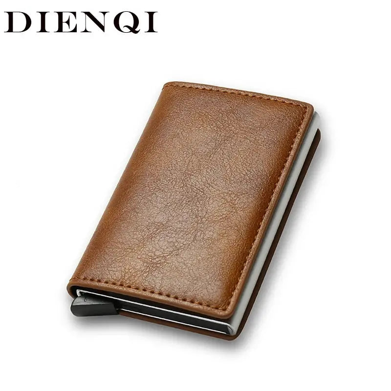 DIENQI brown leather RFID anti-theft card holder wallet; minimalist slim card case.